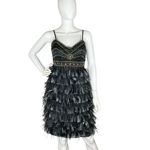 NWOT J PETERMEN Mini Dress Silk Jeweled Feather Whimsigoth Formal Black Size 8